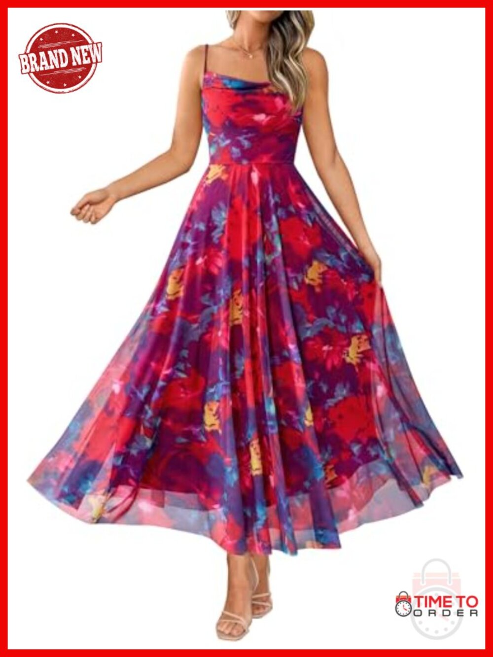 BTFBM Women Floral Mesh Maxi Dress Cowl Neck Spaghetti Strap A-Line Party Beach